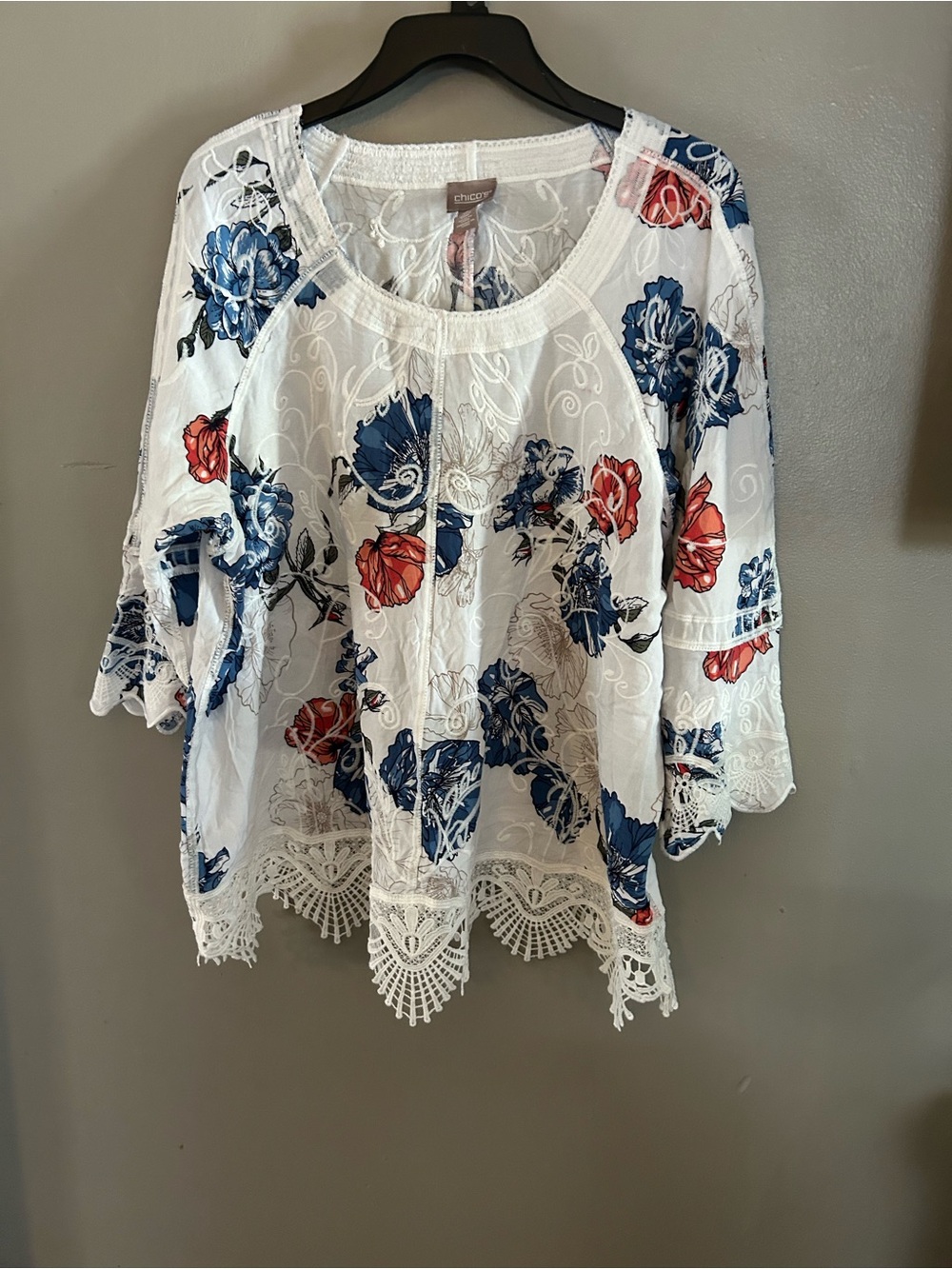 Chico’s Shirt - white with blue/red floral print and embroidery